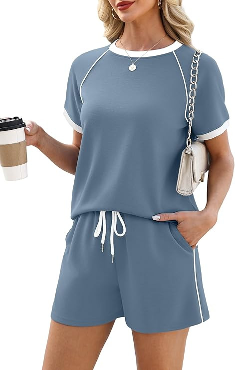 Casly Lamiit Women's 2 Piece Lounge Sets 2026 Summer Short Sleeve Tops Drawstring Shorts with Poc... | Amazon (US)