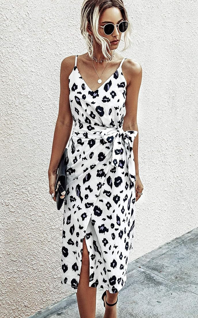 Angashion Women's Dresses - Sexy V Neck Spaghetti Strap Floral Leopard Printed Split Party Tulip Mid | Amazon (US)