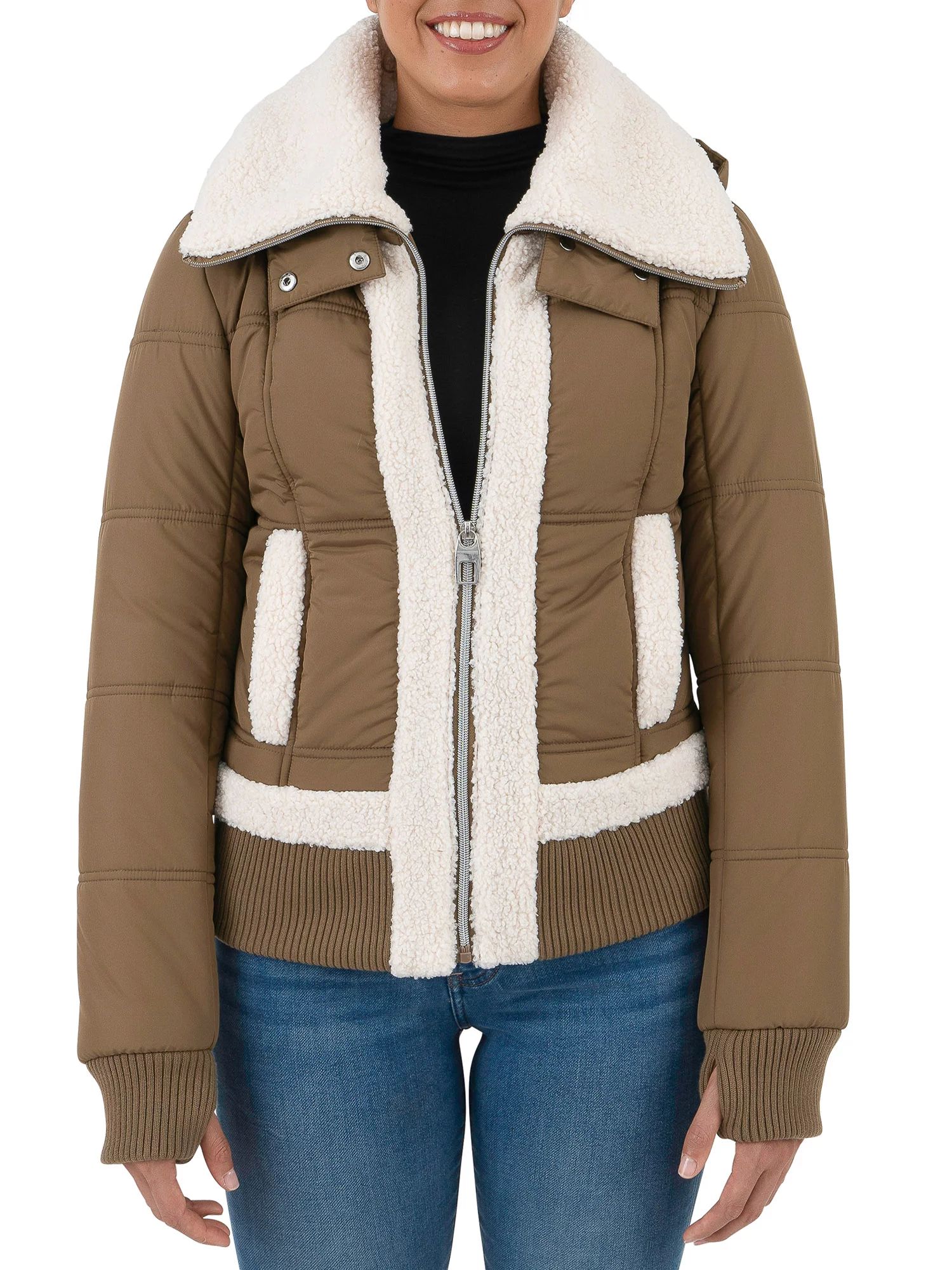 Cyn & Luca Women's Sustainable Bomber Jacket with Sherpa Trim | Walmart (US)