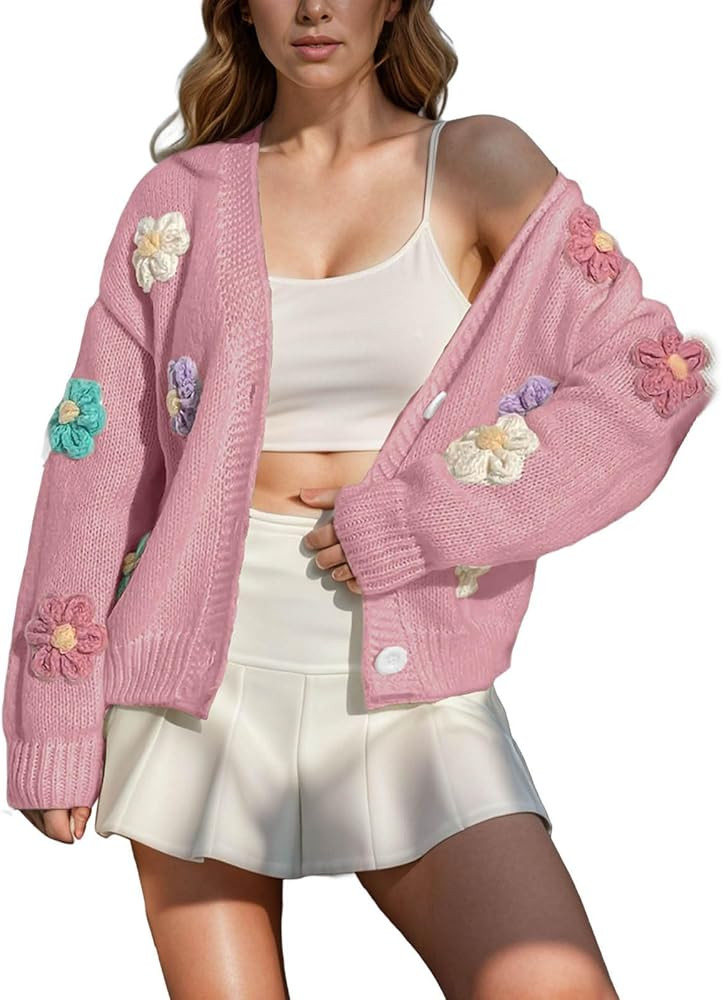 Women's Floral Sweater Cardigan Cute 3D Flower V Neck Button Down Sweater Jackets Casual Long Sle... | Amazon (CA)