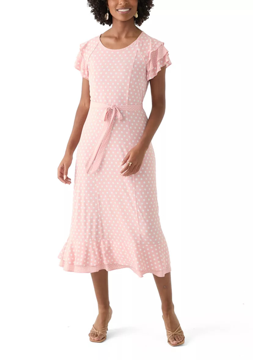 Women's Flutter Sleeve Polka Dot Tie Waist Dress | Belk