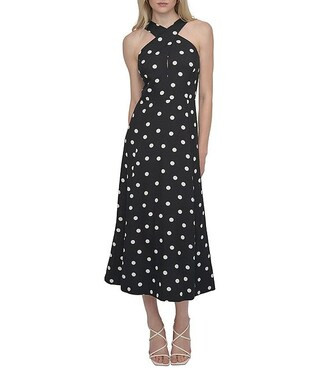 DKNY by Donna Karan Dotted Print Halter Neck Sleeveless A-Line Midi Dress | Dillard's