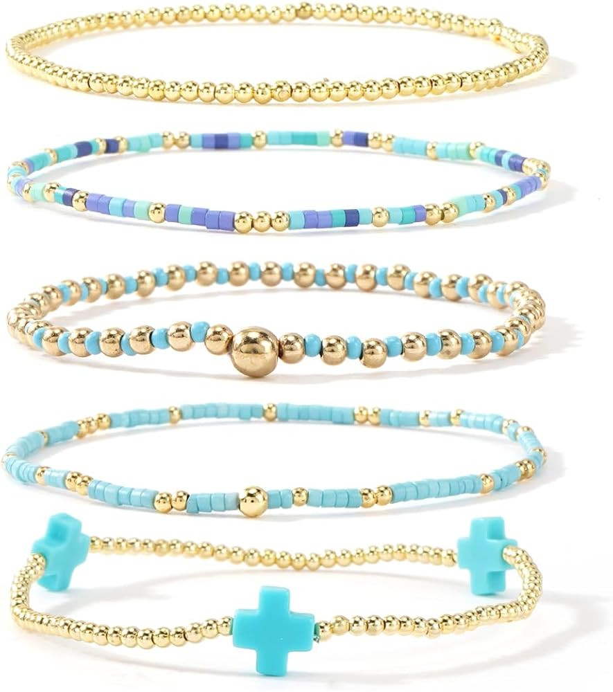 Bohxantium Gold Beaded Bracelets Stack for Women Christmas Stocking Stuffers Stackable 14K Gold P... | Amazon (US)