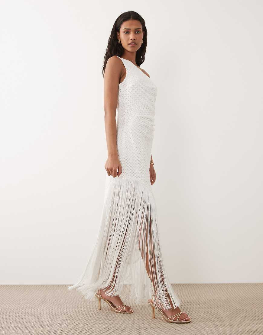 Six Stories one shoulder asymmetric fringe detail maxi dress in white | ASOS (Global)