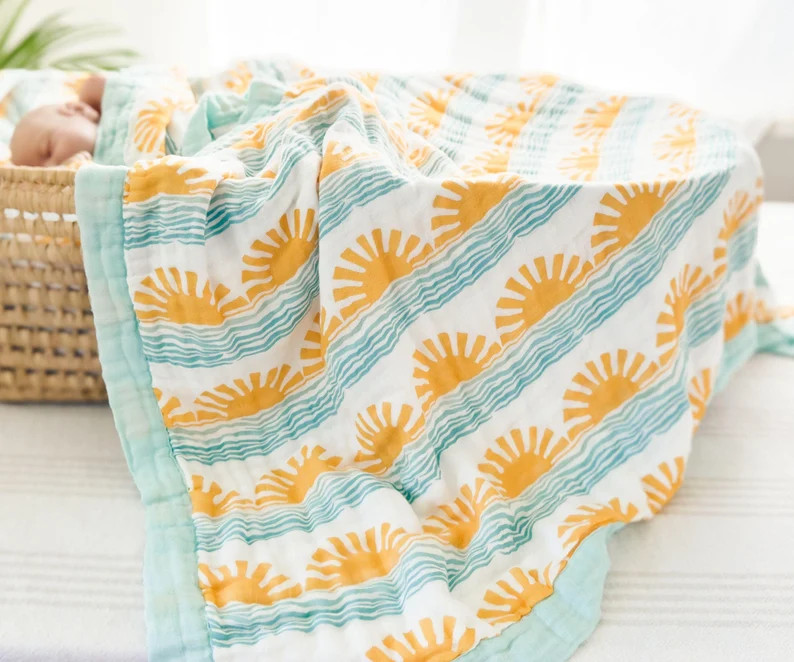 100% Organic Bamboo + Cotton Sun and Wave Print Baby Swaddle or Blanket, Surfer Nursery Decor, Bo... | Etsy (US)