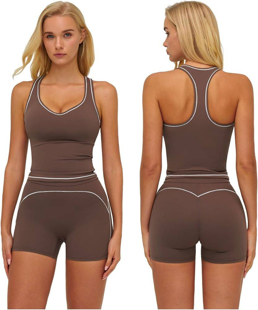Two Piece Workout Sets for Women Color Block Racerback Tank Tops and High Waist Shorts Gym Yoga O... | Amazon (US)