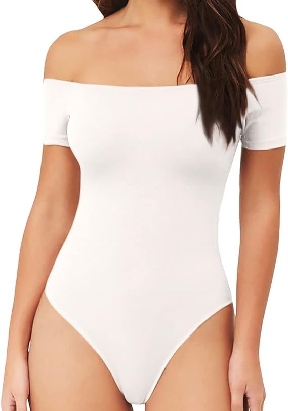MANGOPOP Womens Off Shoulder Short Sleeve Long Sleeve Tops T Shirt Bodysuit Jumpsuit | Amazon (US)