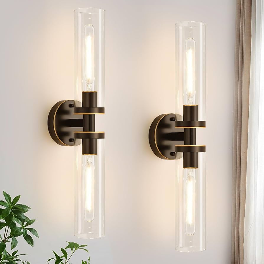 Wall Sconces Set of Two, Hardwired Brown Bathroom Sconces Wall Lighting with Clear Glass, Modern ... | Amazon (US)