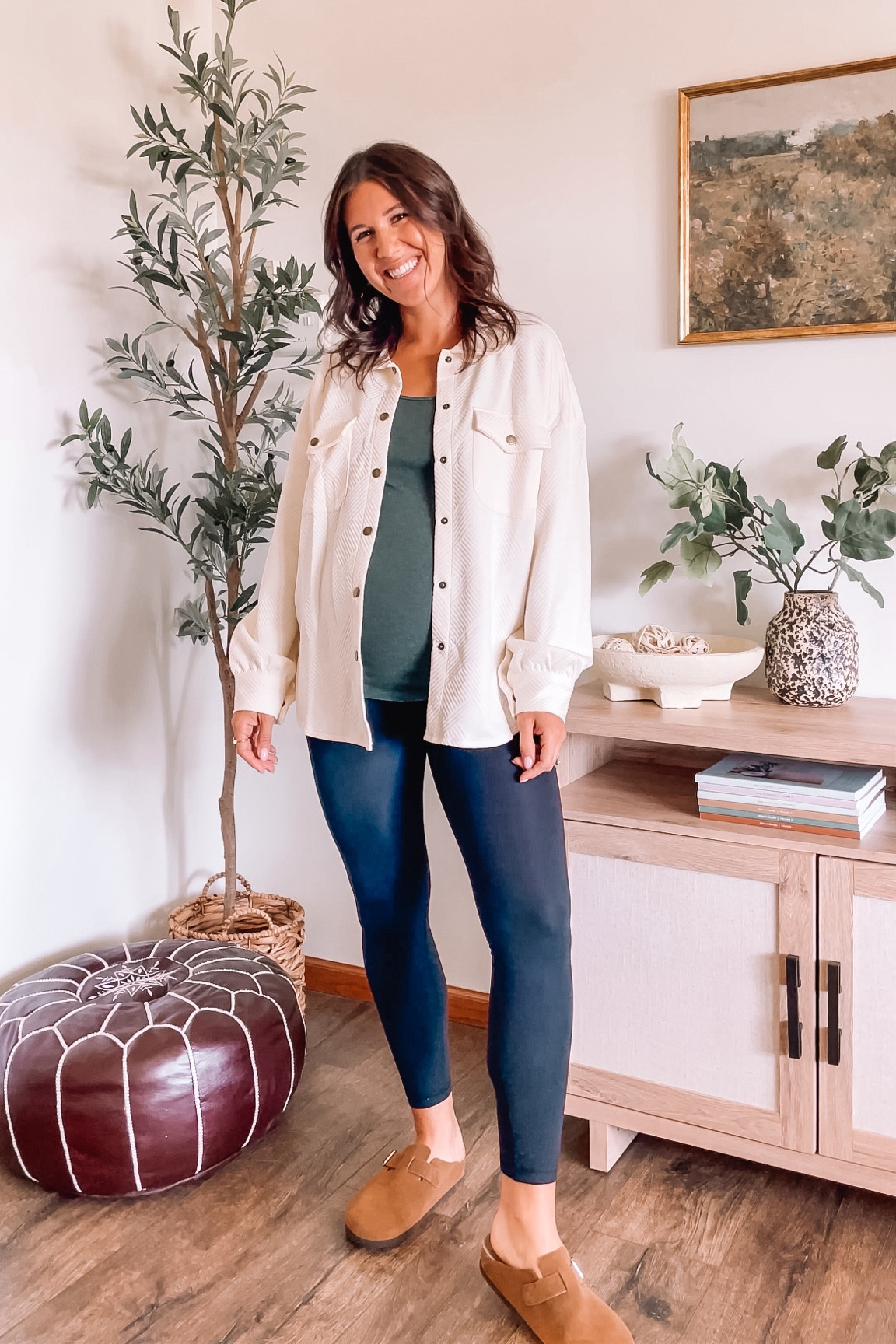 Cream shirt jacket that’s perfect for leggings. Wearing medium. Non maternity bump friendly fall outfit

Size up .5 in clogs
Maternity leggings & tank, small


#LTKShoeCrush #LTKFindsUnder50 #LTKBump
