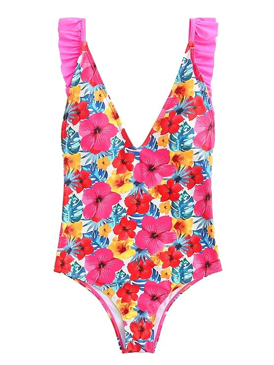 SOLY HUX Women's Deep V Neck Open Back Ruffle One Piece Swimsuit | Amazon (US)