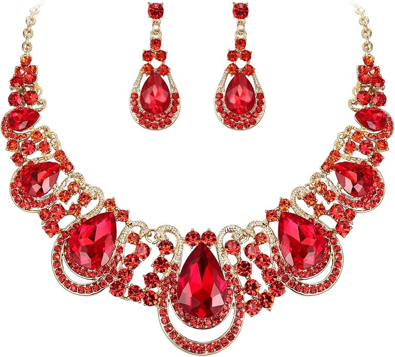 BriLove Women's Costume Fashion Crystal Teardrop Hollow Scroll Statement Necklace Dangle Earrings... | Amazon (US)