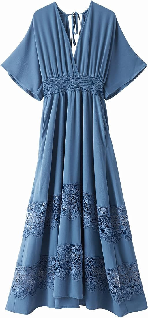 Women's Lace Maxi Dress Short Sleeve V Neck Party Dress Smocked Waist Boho Maxi Dress Bohemian Dr... | Amazon (US)