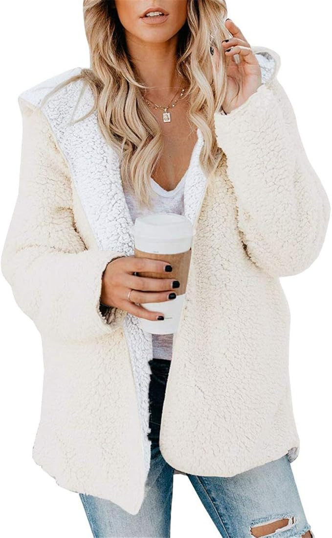 ReachMe Womens Oversized Sherpa Jacket Fuzzy Fleece Teddy Coat with Pockets Open Front Hooded Car... | Amazon (US)