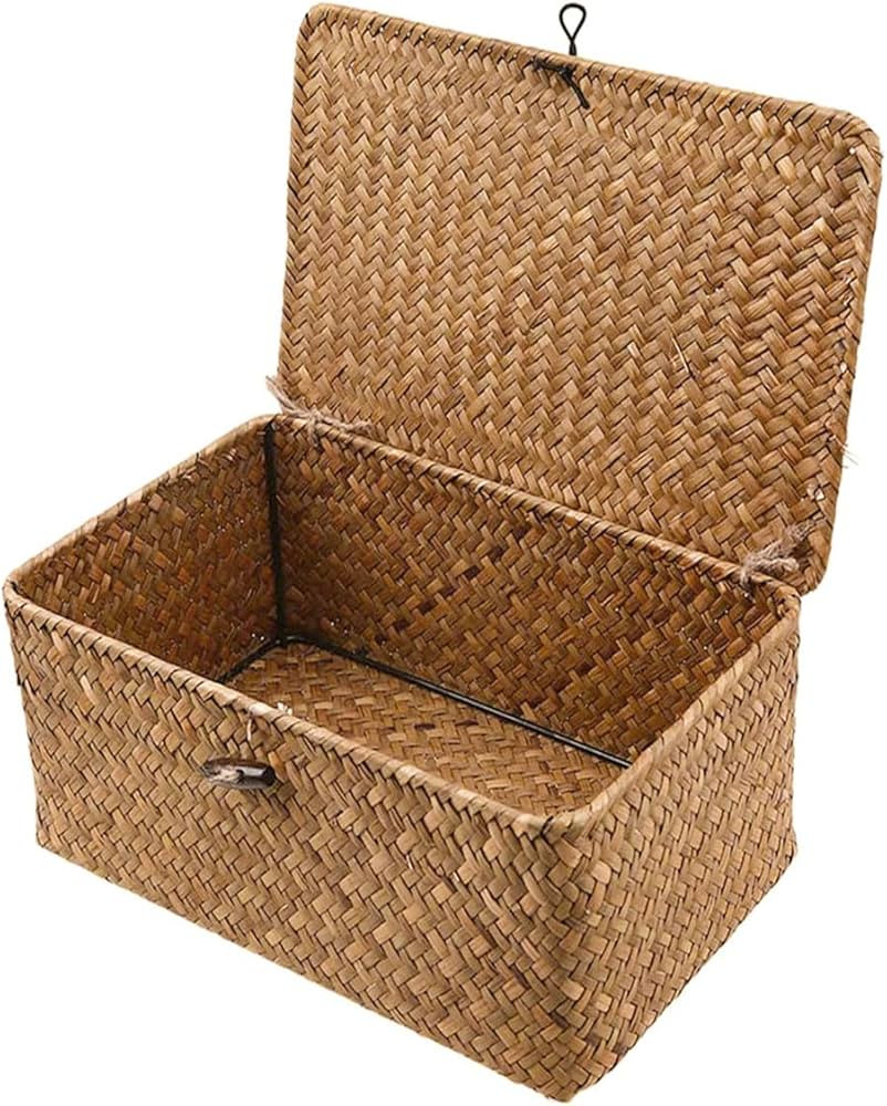 Wicker Storage Basket Woven Rattan Storage Box With Lids Seagrass Laundry Baskets Makeup Organize... | Amazon (US)