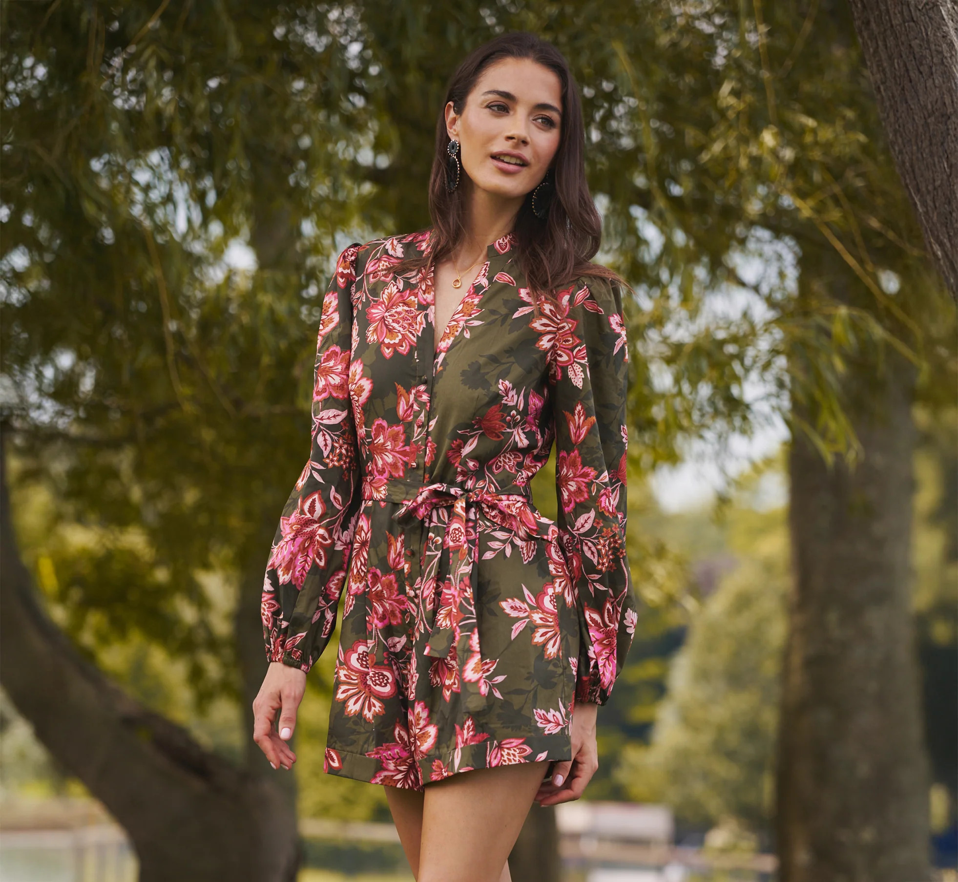 Bishop Sleeve Button Front Floral Romper In Olive Multi | Adrianna Papell