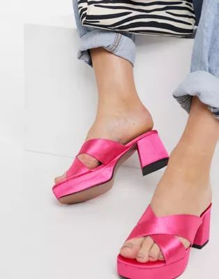 ASOS DESIGN Harrison cross strap mid heeled sandals in pink | ASOS (Global)