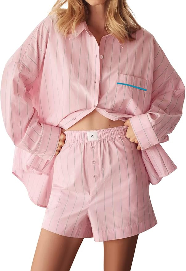 Women’s Pajama Set – Lightweight Striped Button Down Sleepwear with Boxer Shorts, 2 Piece Lou... | Amazon (US)