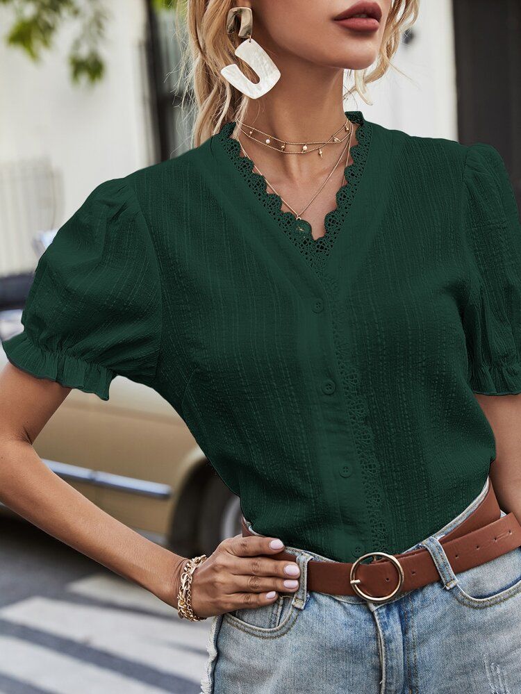 Lace Trimed Puff Sleeve Blouse | SHEIN