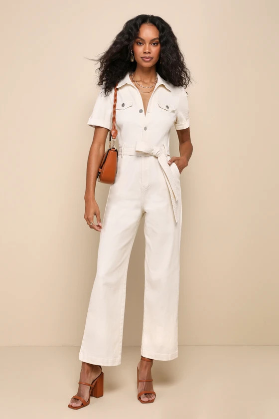 Practical Perfection Ivory Twill Short Sleeve Jumpsuit | Lulus