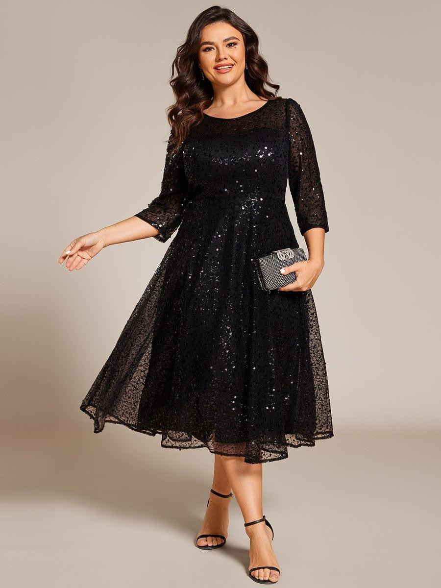 pretty SIENNA|Plus Size 3/4 Sleeve Midi Round Neck A-Line Sequin Wedding Guest Dress | Ever Pretty Garment Inc