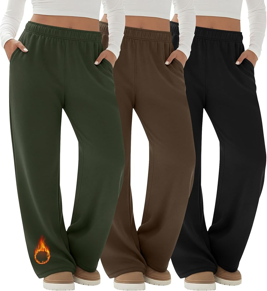 3 Pack Women's Fleece Plus Size Wide Leg Sweatpants Lined Baggy Pants Drawstring Casual Joggers w... | Amazon (US)