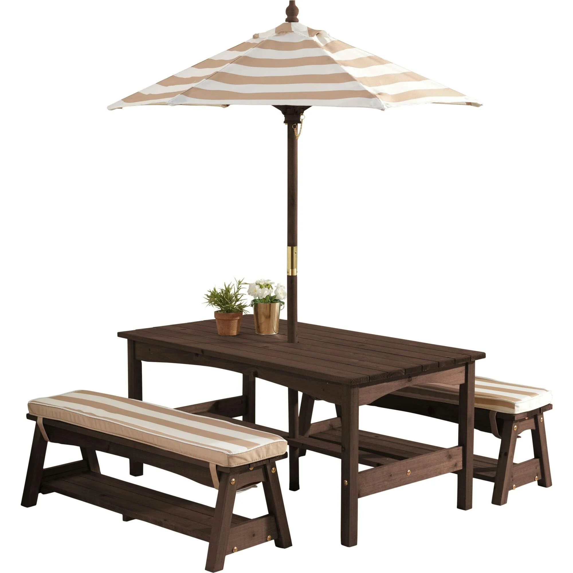 Outdoor Wooden Table & Bench with Cushions and Umbrella | Maisonette