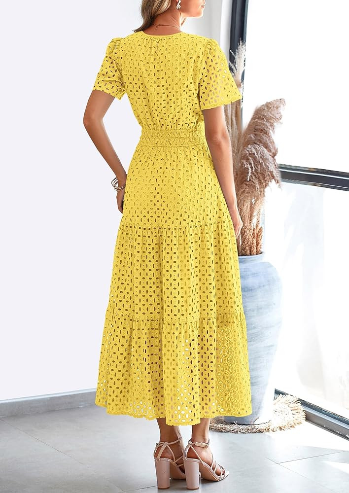 PRETTYGARDEN Womens 2025 Summer Maxi Dress Short Sleeve V Neck Hollow Out Eyelet A Line Long Flow... | Amazon (US)