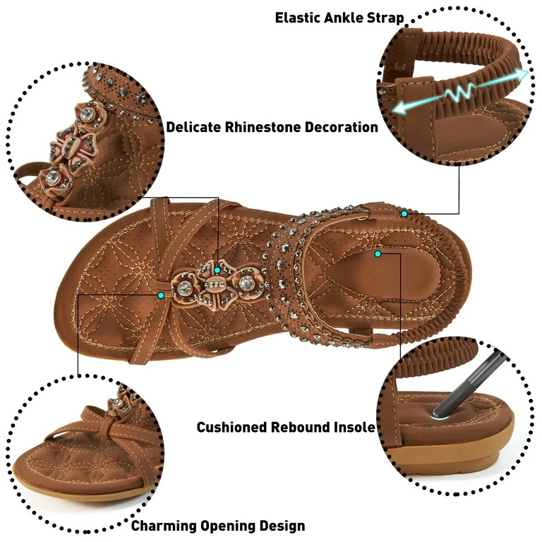 Ecetana Women Sandals Flats Sandals for Women Comfortable Elastic Ankle Strap Beach Shoes | Walmart (US)
