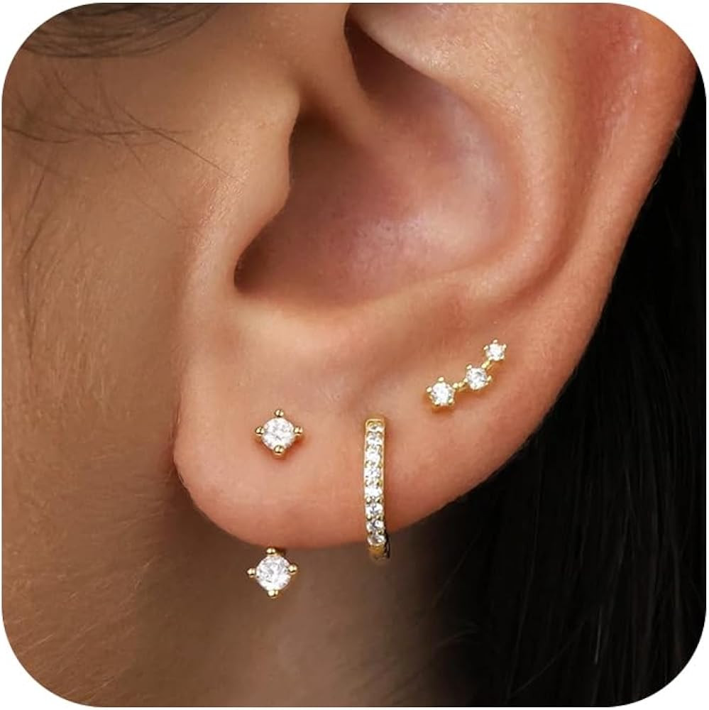 Gold Stud Earrings Set for Women, 3 Pairs Huggie Hoop Jacket Studs Earring Stack for Multiple Pie... | Amazon (US)
