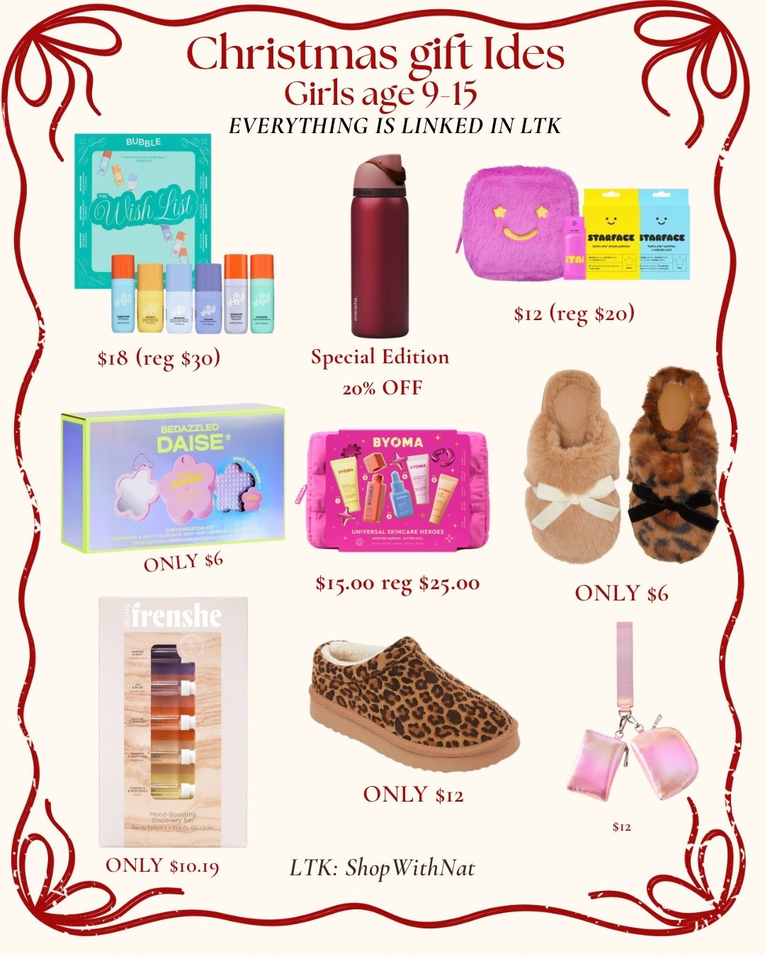 Everything is linked in my LTK! Shopping for a tween or teen girl is hard so I made it easy. All of these are perfect Christmas gift ideas for girl age 9-15!  Don’t miss out on these Black Friday sales! Bubble Skincare Wish List set
Starface Big Lil gift set
BYOMA Universal Skincare Heroes kit
DAISE Bedazzled fragrance kit
Being Frenshe mini perfume set
Owala Special Edition Freesip
Leopard slippers
Plush bow slippers
Lip gloss keychain
Everything is on Black Friday sale.

#giftideas
#christmasgiftguide
#teengirlgiftideas
#blackfridaydeals


#LTKHoliday #LTKGiftGuide #LTKCyberWeek