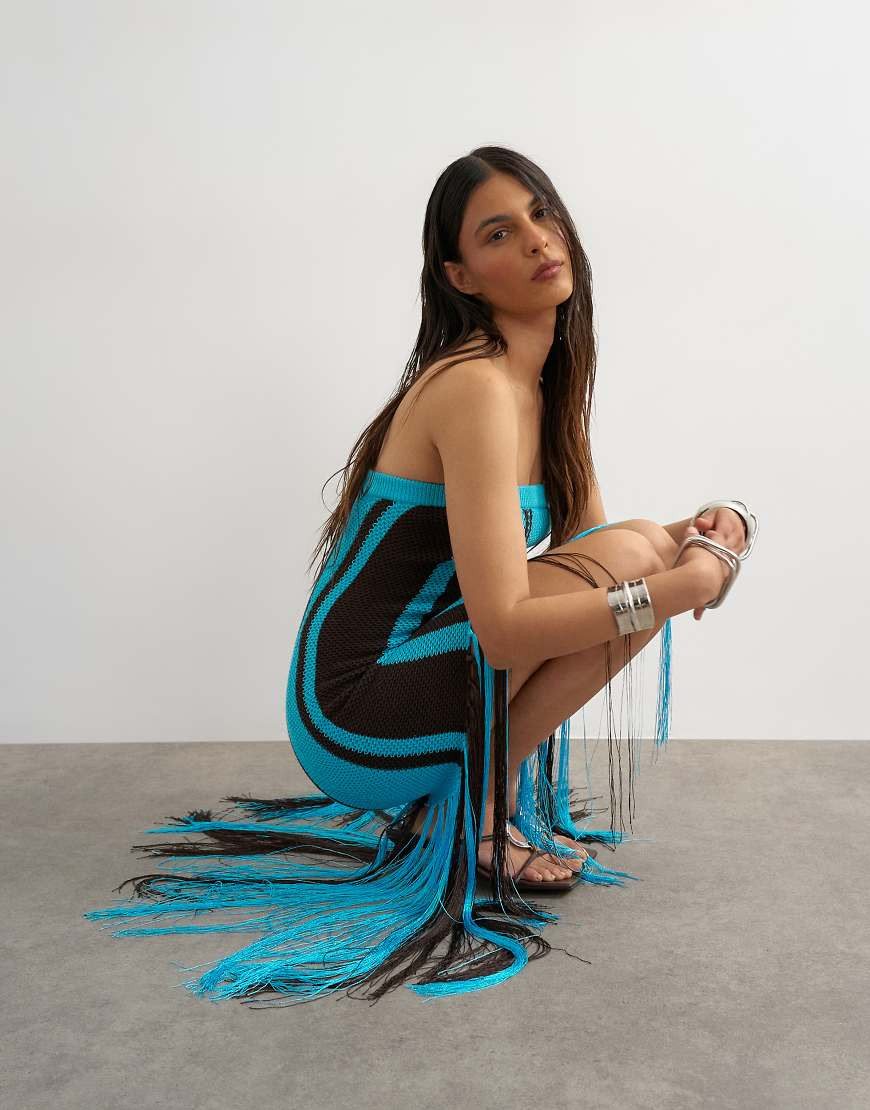 Topshop knitted bold stripe tassel dress in turquoise and brown-Blue | ASOS (Global)