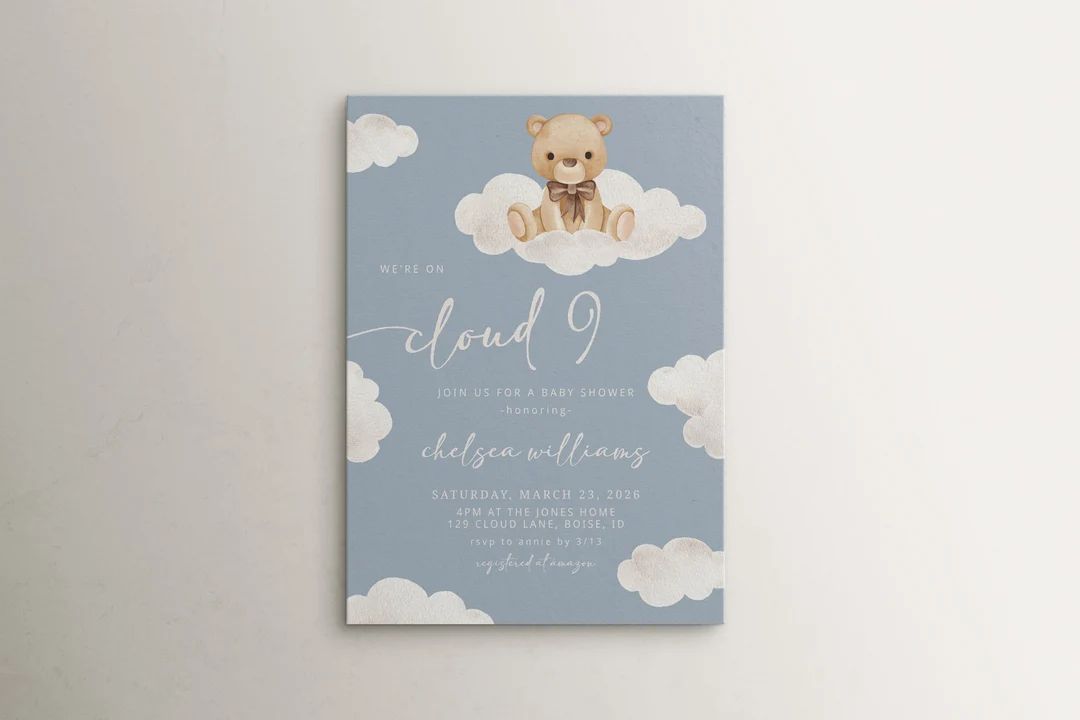 Cloud 9 Baby Shower Invitation Template Editable We're on Cloud Nine Boy Bear Baby Shower Printab... | Etsy (US)