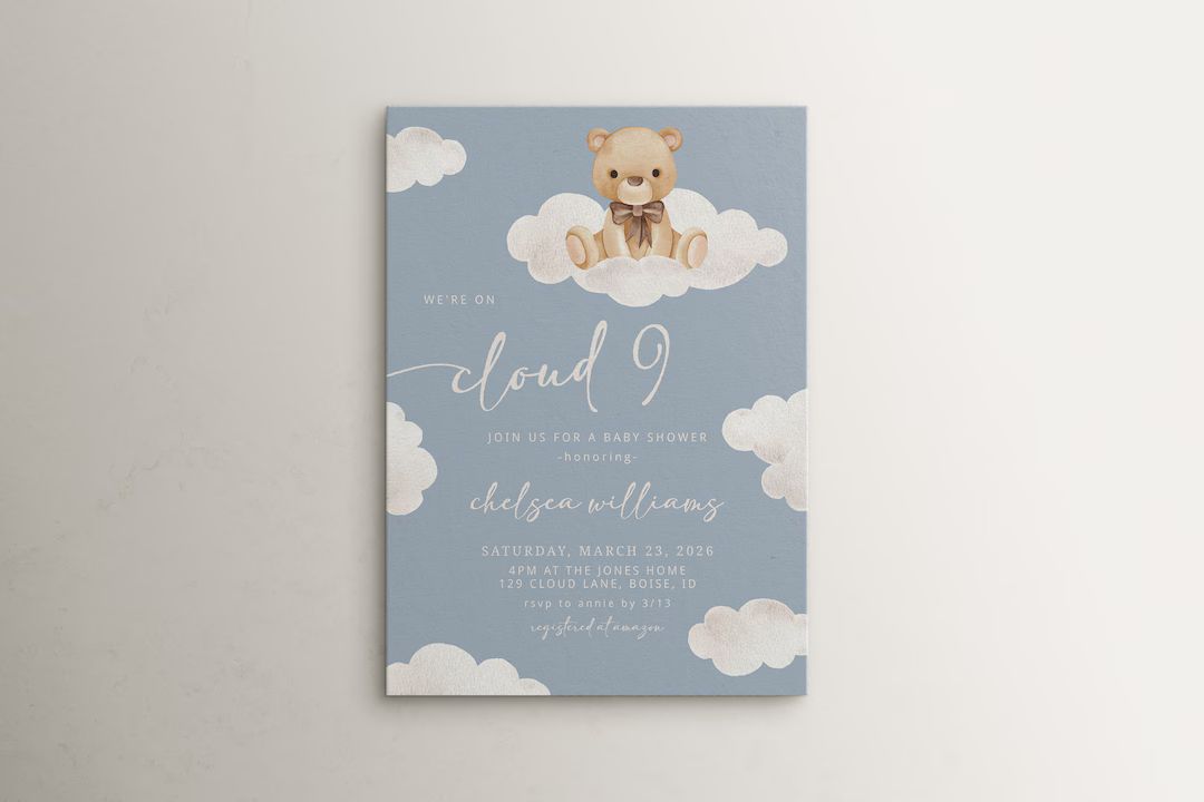 Cloud 9 Baby Shower Invitation Template Editable We're on Cloud Nine Boy Bear Baby Shower Printab... | Etsy (US)