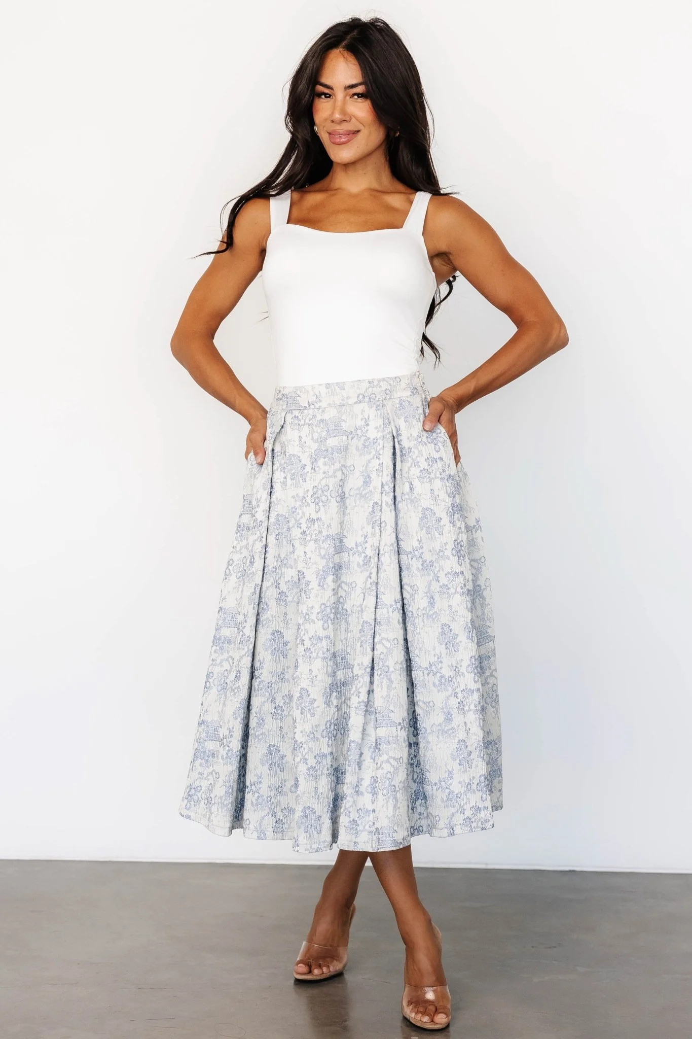Jeanne Pleated Midi Skirt | Pearl + Light Blue | Baltic Born
