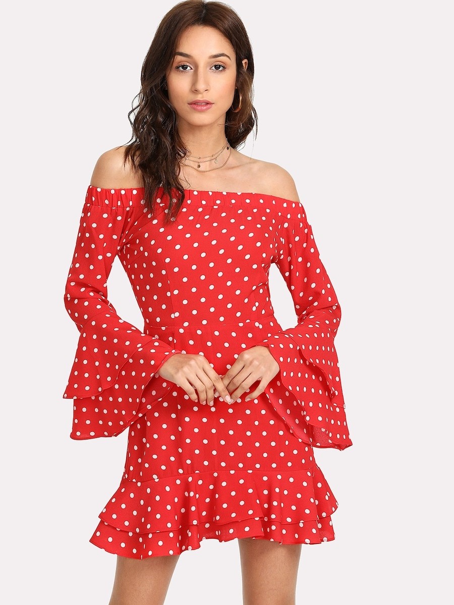 Ruffle Cuff And Hem Polka Dot Bardot Dress | SHEIN