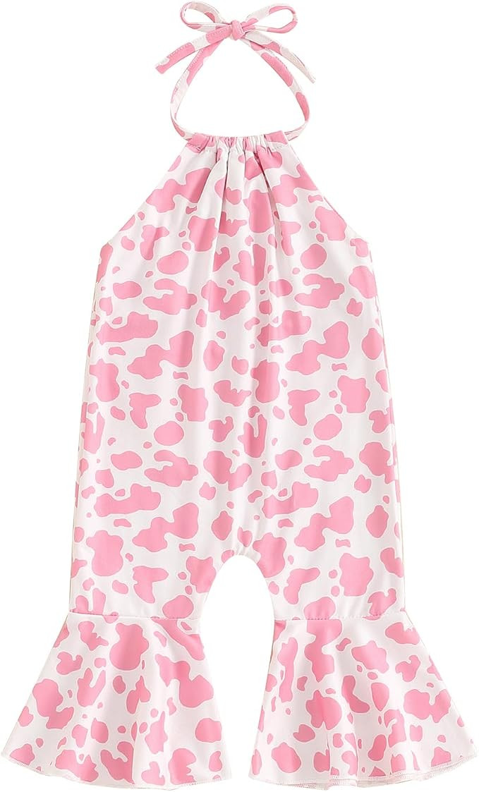Chloefairy Toddler Baby Girl Bell Bottom Romper Cow Print Overalls Halter Flare Pants Jumpsuit We... | Amazon (US)