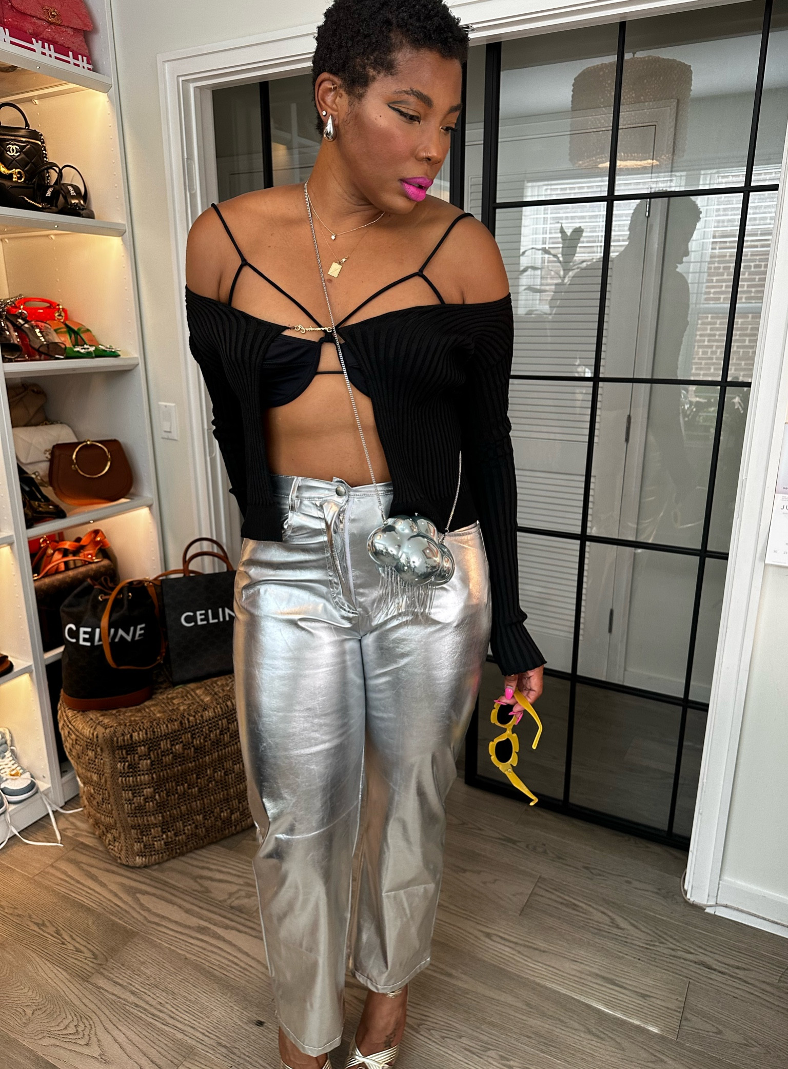Renaissance Look 5
Bra/Cardigan: Jacquemus 
Silver pants: Amazon
Shoes: Aquazzura 
Sunnies: Amazon
Bag: Kate Spade

#LTKFind #LTKshoecrush #LTKstyletip