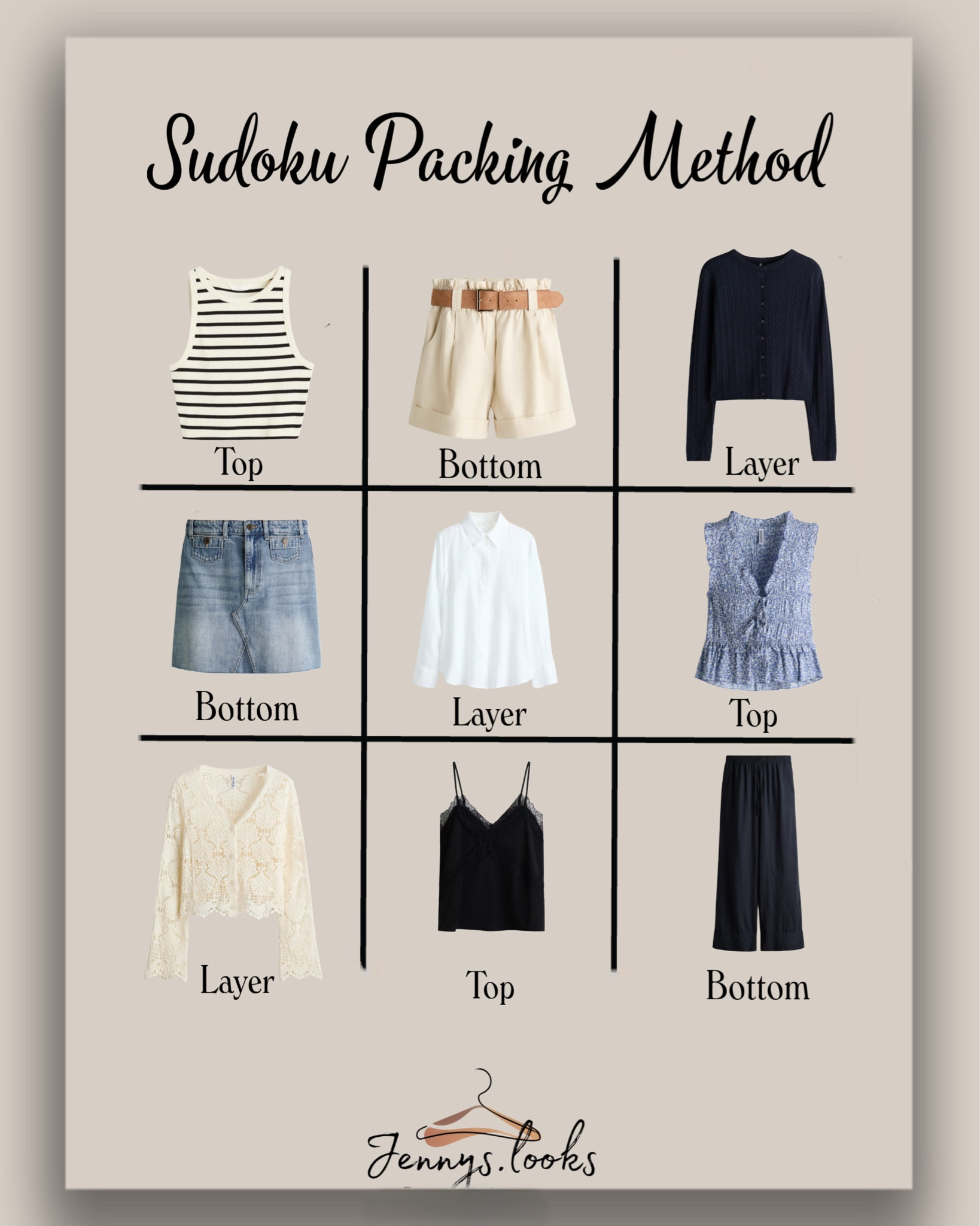 Sudoku Packing
For Summer ☀️

Select lightweight layers for the evenings or colder days.
I choose classy neutral basics that are easy to combine ♥️
Of course you can add dresses on top! I would choose a black/white one for mix & match with the layers from the grid 😍



#LTKTravel #LTKMidsize #LTKootd