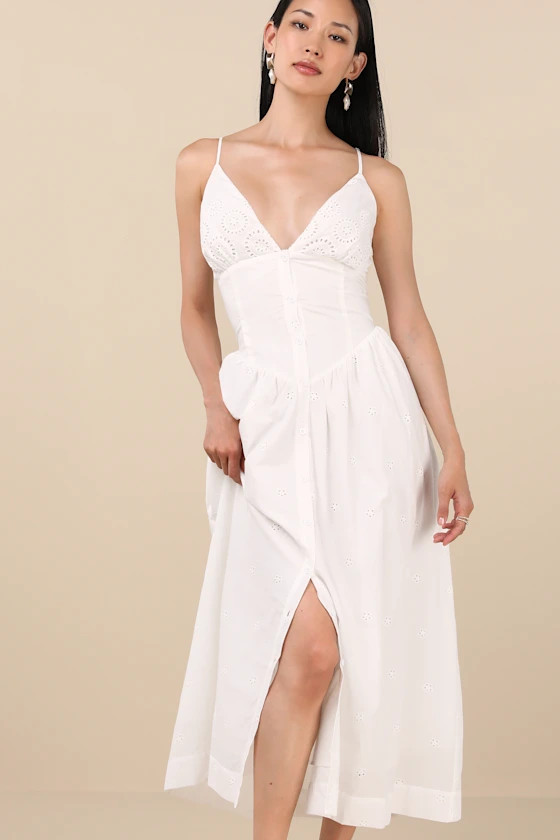 Zahrah White Eyelet Embroidered Button-Front Midi Dress | Lulus