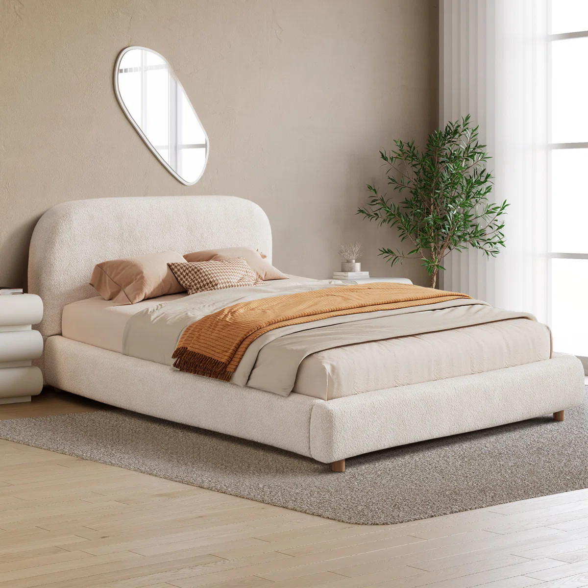 Queen Size Curve-Shaped Headboard Boucle Fabric Upholstered Bed Frame, With Metal Frame No Spring... | Wayfair North America