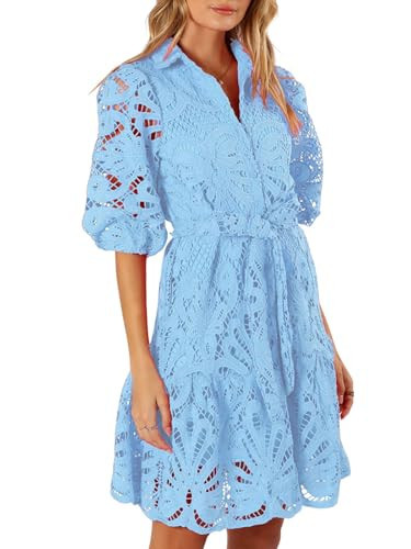 CHARTOU Women Elegant Lace Lined Short Shirt Dress Puff Sleeve Cut Out Button Down Mini Dress (Small, Blue) | Amazon (US)