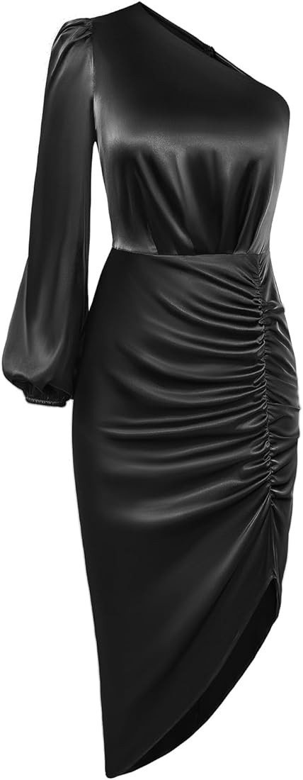 GRACE KARIN Women's Fall One Shoulder Long Sleeve Ruched Bodycon Midi Long Satin Formal Cocktail ... | Amazon (US)