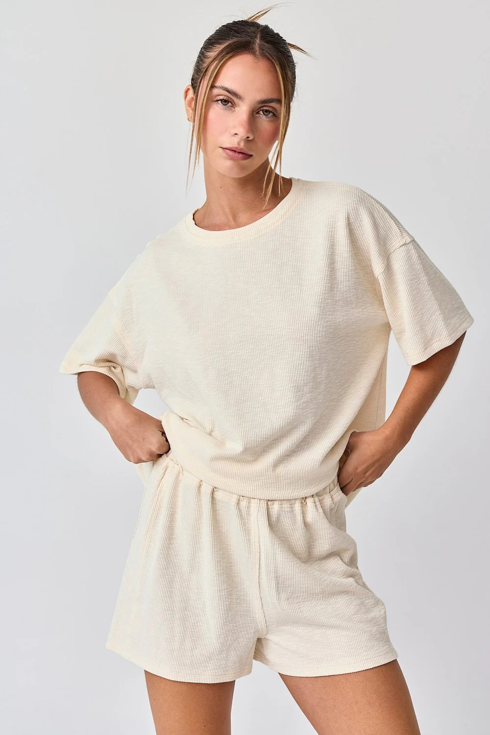 Cream Ribbed Short Sleeve Short Set | PinkBlush Maternity