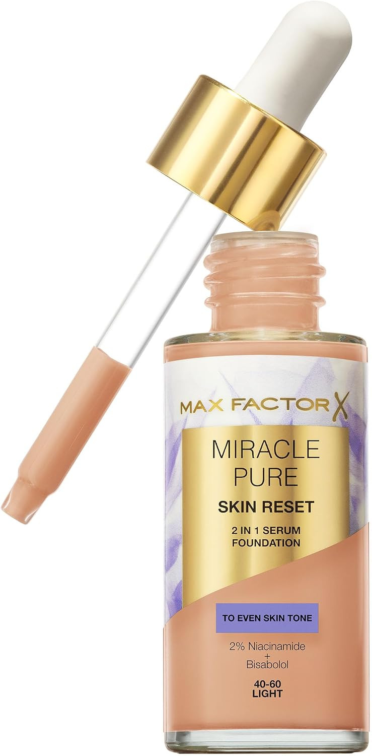 Max Factor Miracle Pure Skin Reset Serum Foundation 40-60 Light, 2-in-1 Serum Formula, Healthy Looking Skin, Medium Coverage, Satin Matte Finish, 2% Niacinamide, Dermatologically Tested | Amazon (UK)