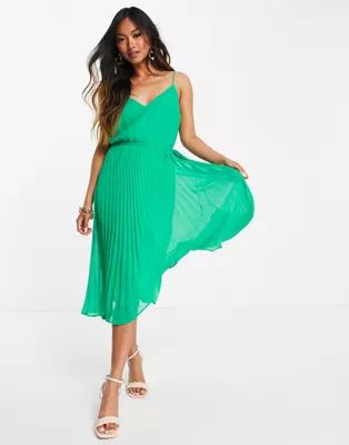 ASOS DESIGN pleated cami midi dress with drawstring waist in emerald green | ASOS (Global)