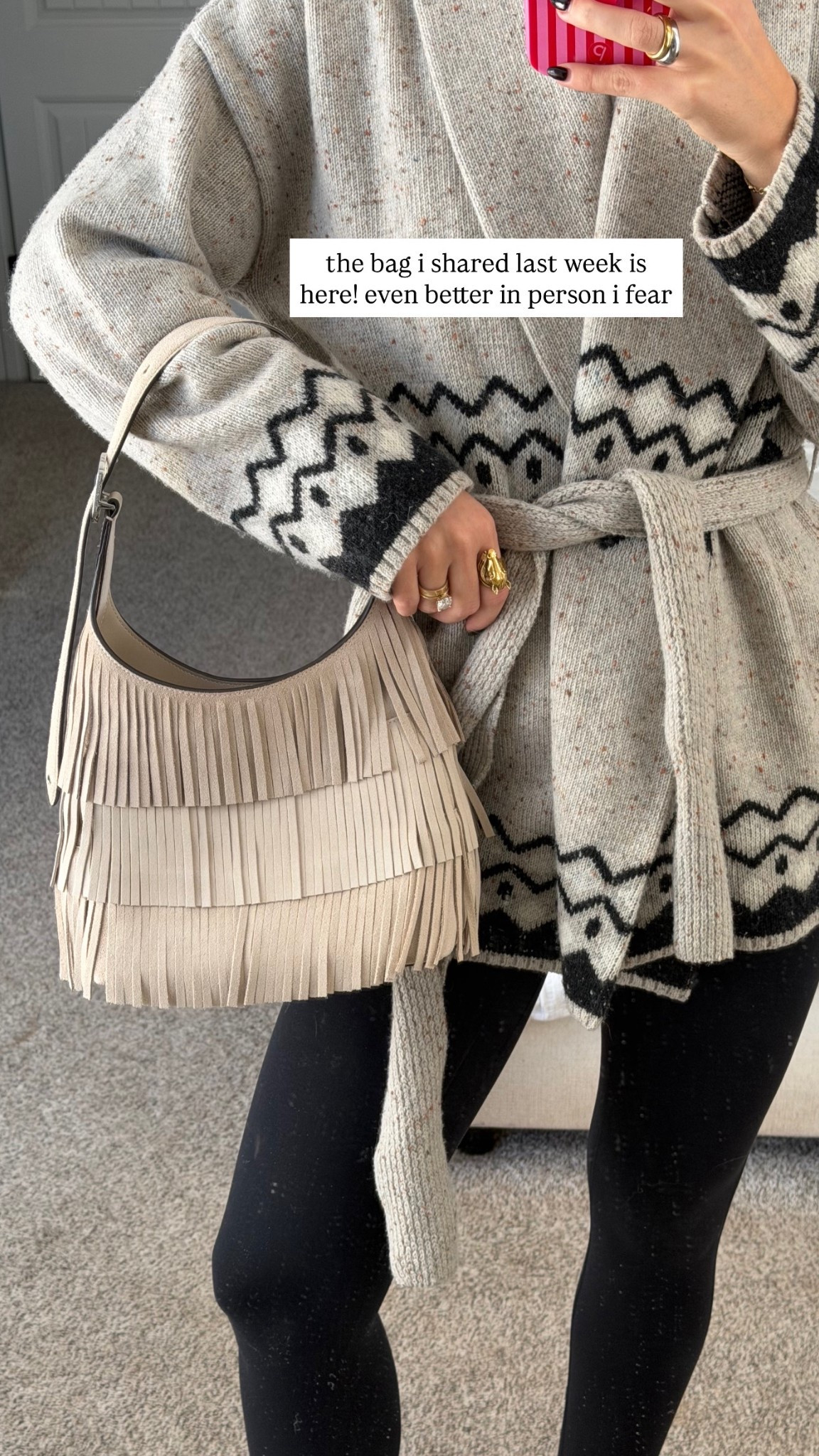 size small in wrap cardigan, size XS in leggings - new fringe suede bag 😍

#LTKSeasonal #LTKootd #LTKValentine