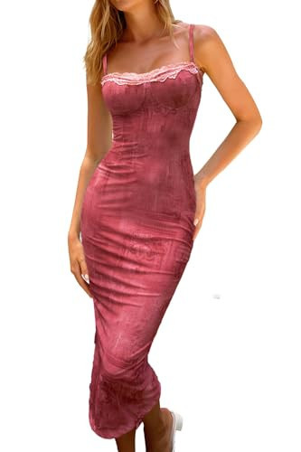 CHYRII Women 2025 Summer Spaghetti Straps Floral Maxi Dress Bodycon Party Wedding Guest Dress Dusty Rose XS | Amazon (US)