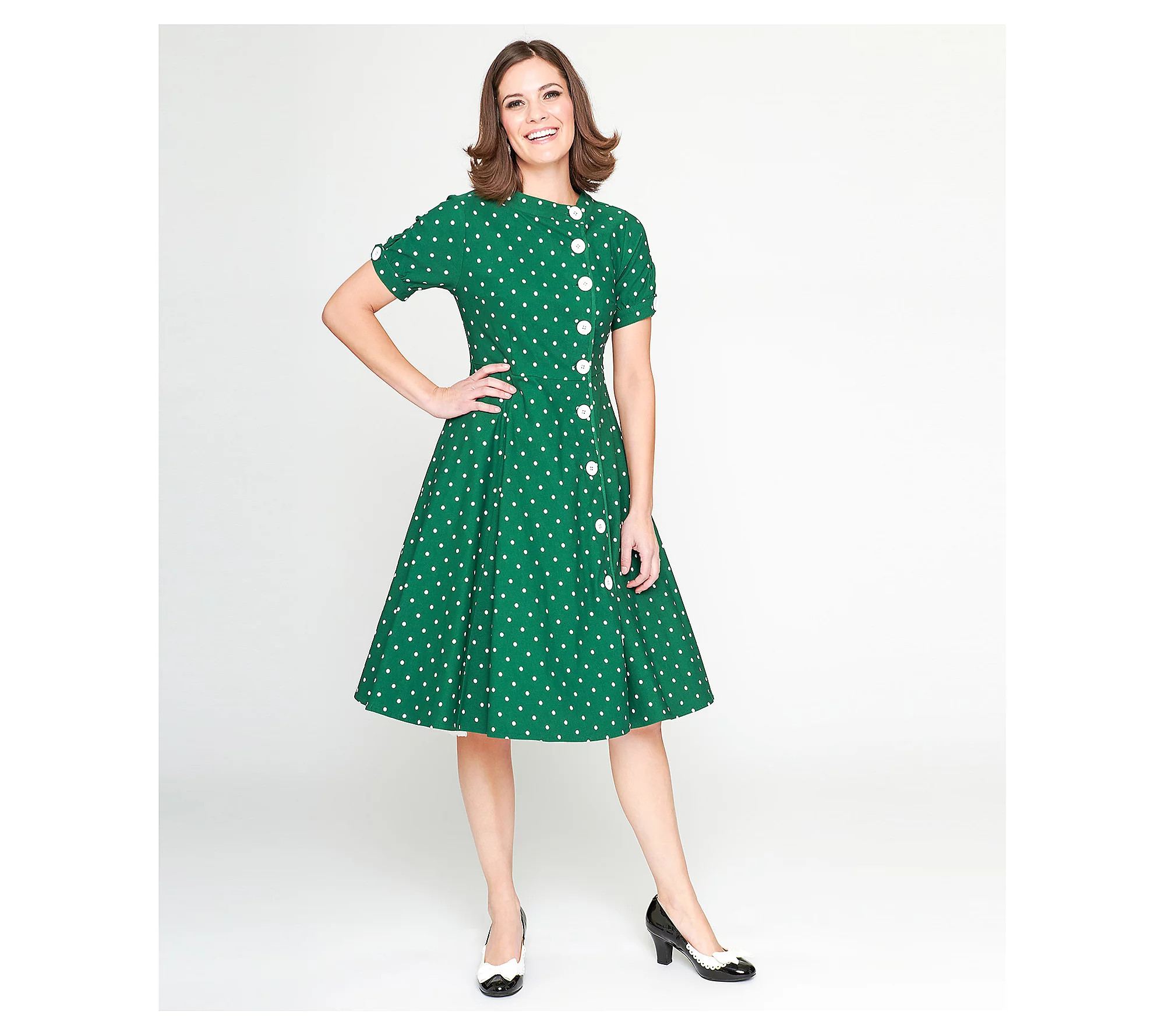 Unique Vintage Pin Dot Asymmetrical Button-Fron t Swing Dress | QVC