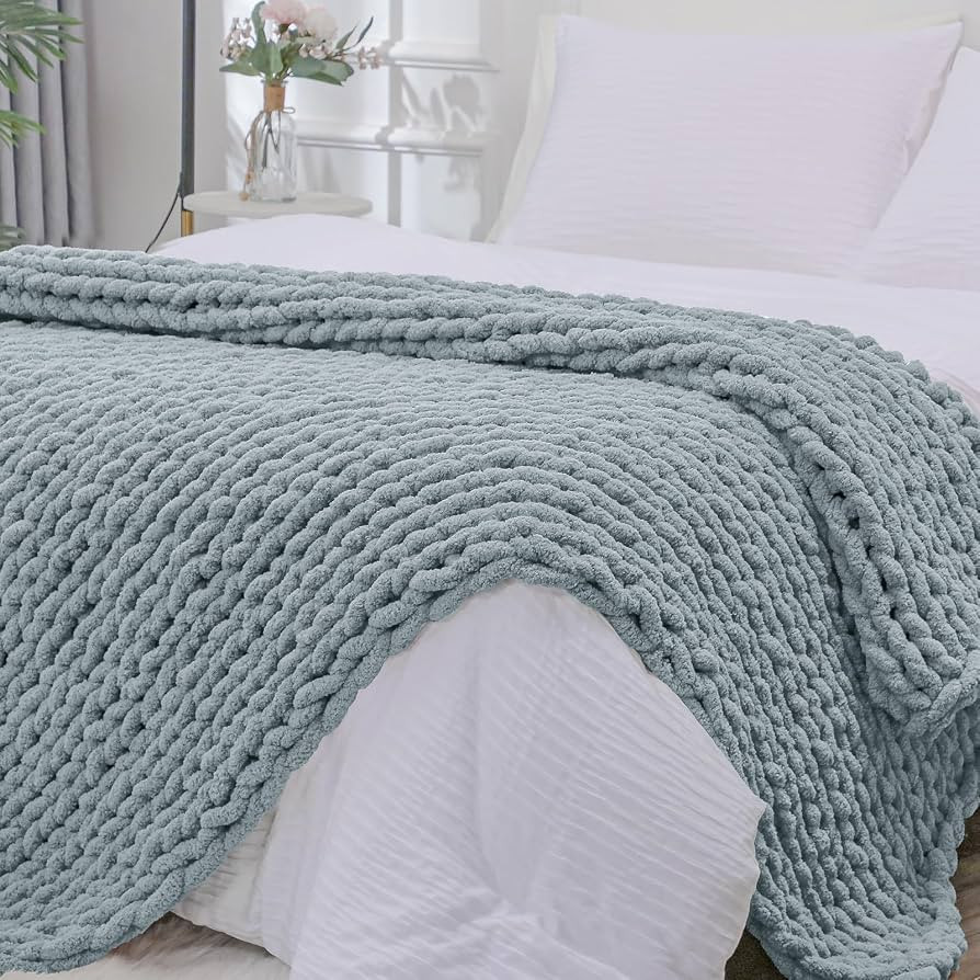 Bigacogo Chunky Knit Throw Blanket for Couch, 51x63 inches, Dusty Blue | Amazon (US)