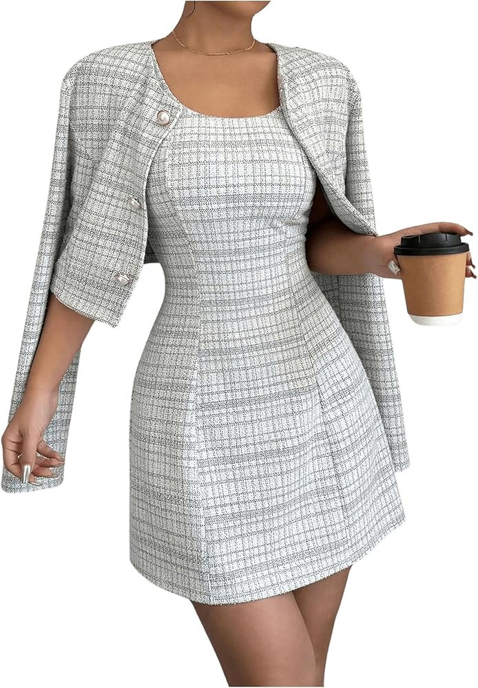 SOLY HUX Women's 2 Piece Outfits Plaid Long Sleeve Button Down Cropped Jacket and Sleeveless Mini... | Amazon (US)